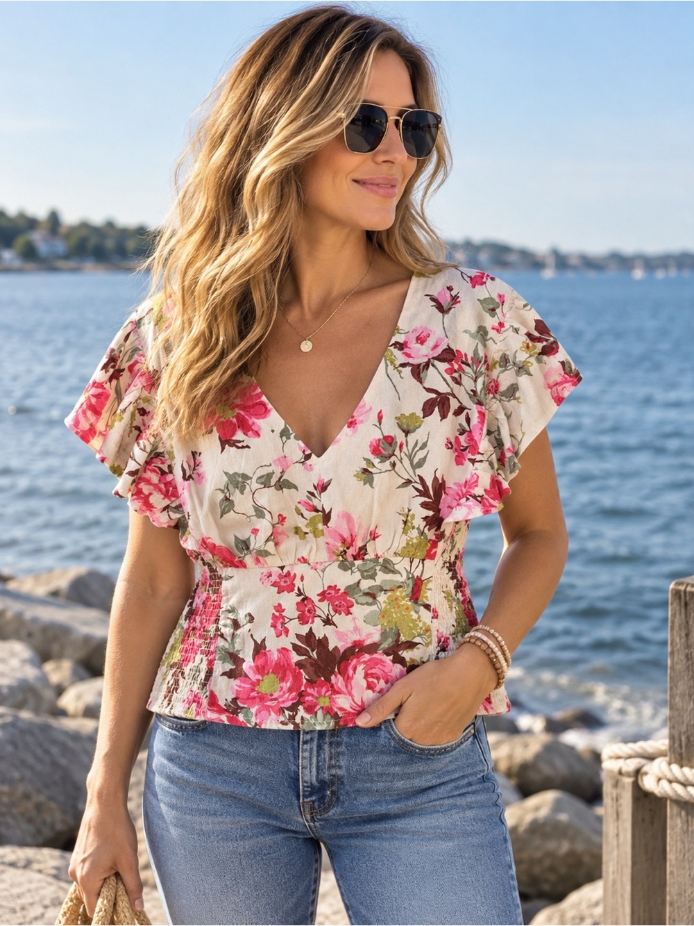 Abercrombie & Fitch Cream Floral V-Neck Short Sleeve Top cotton linen L coastal